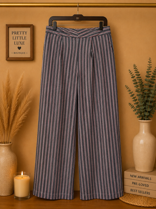 Banana Republic Striped High-Rise Wide-Leg Trousers - Charcoal & Pink (10)