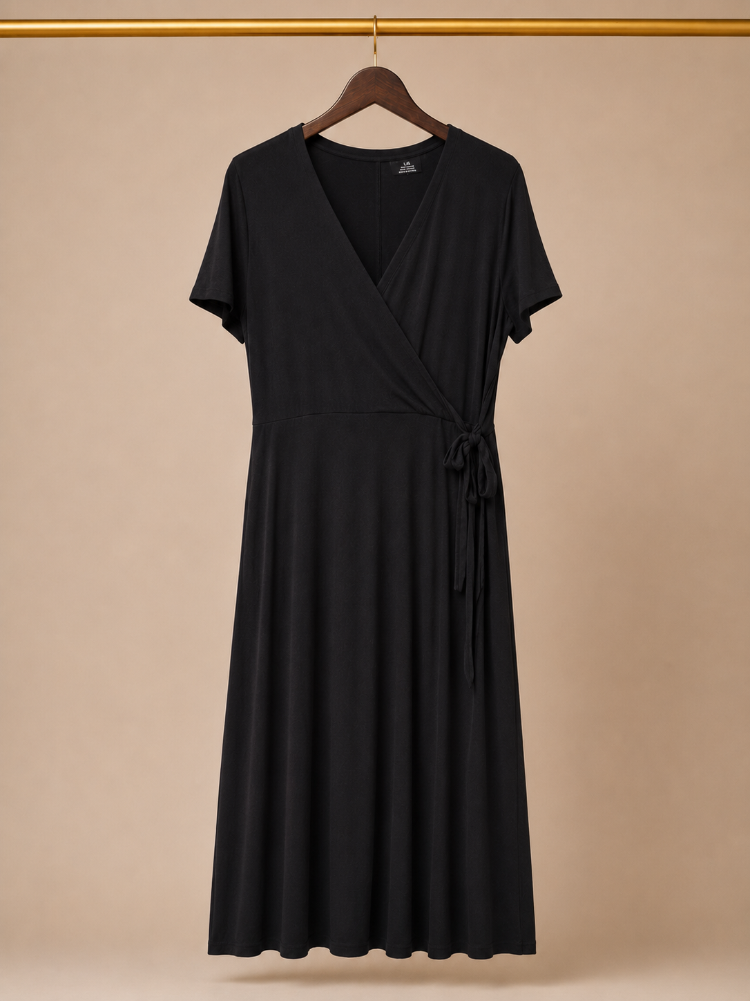 Amazon Essentials Short Sleeve V-Neck Faux Wrap Midi Dress - Black (Large)