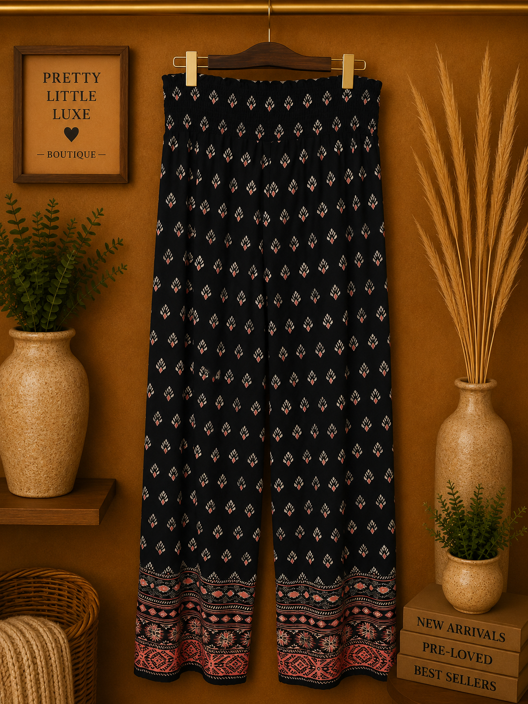 Zack & Rachel High-Waisted Wide-Leg Palazzo Pants - Coral Geometric (Medium)