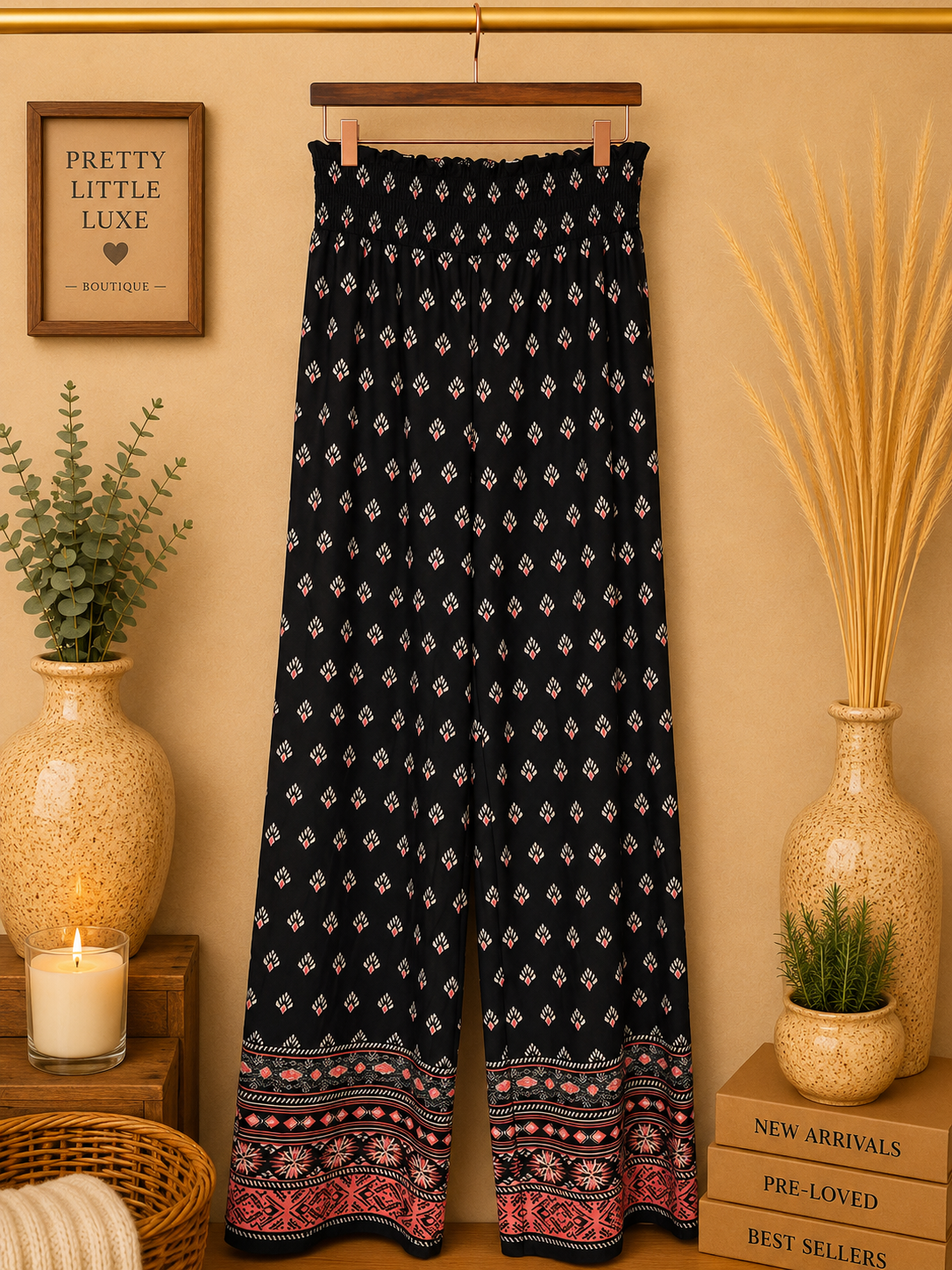 Zac & Rachel Black Pink Geometric Wide Leg Palazzo Pants Smocked -Size M