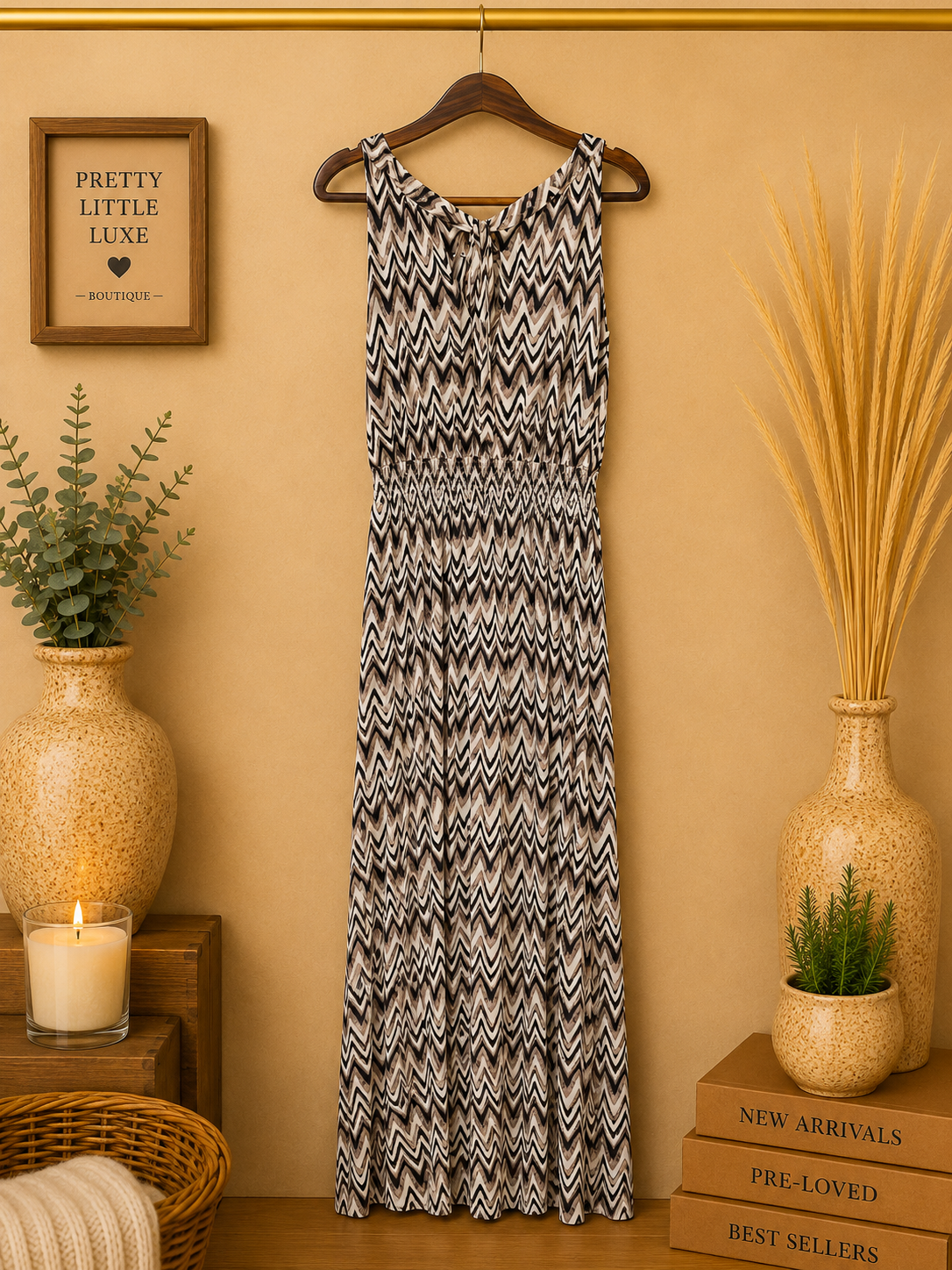 Soma Black Tan Zig Zag Chevron Knit Maxi Dress Smocked Waist -Size S