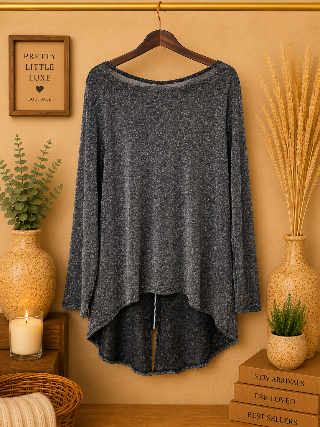 Calvin Klein Charcoal Metallic Shimmer Full Zip Top High-Low Tunic -Size XL