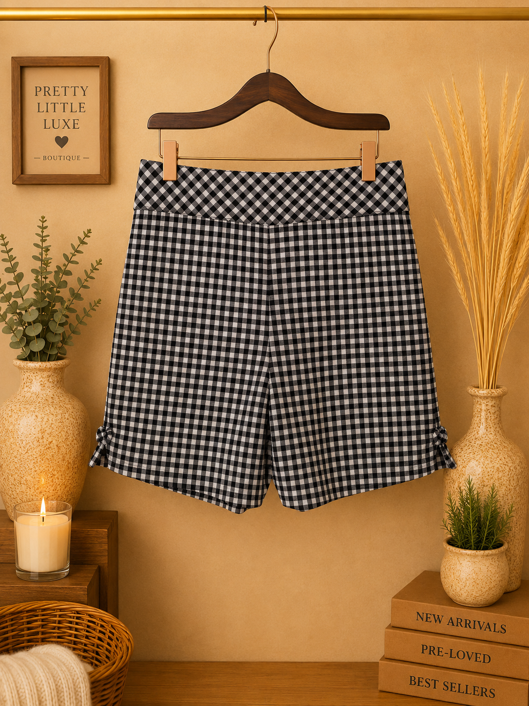 Ingredients Gingham High Waisted A-Line Shorts Black White Bow Accents -Size 8