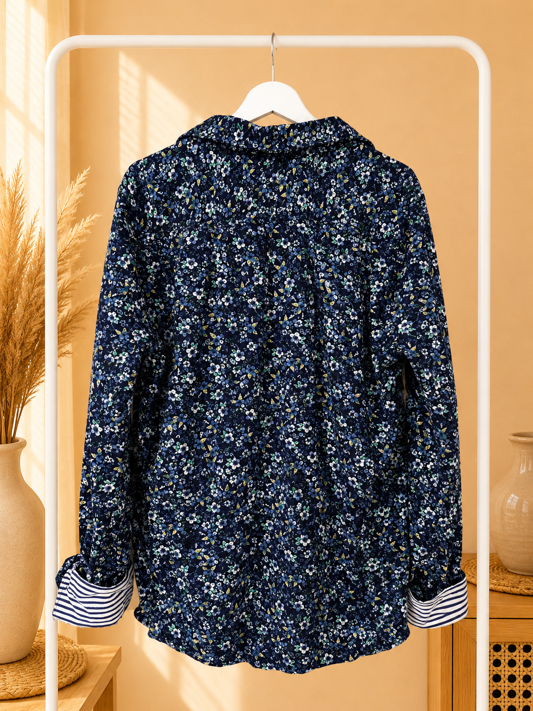 Denim & Flower Women’s Large Navy Floral Striped Cuff Button Up Shirt- Large
