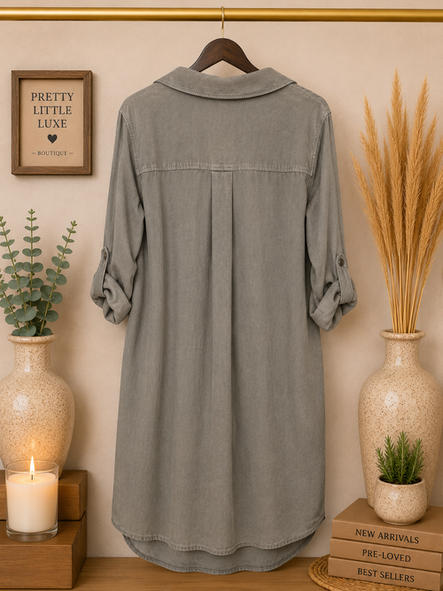 Bella Dahl NWT Tencel Rolled Tab Sleeve A-Line Shirt Dress - Vintage Charcoal- Large