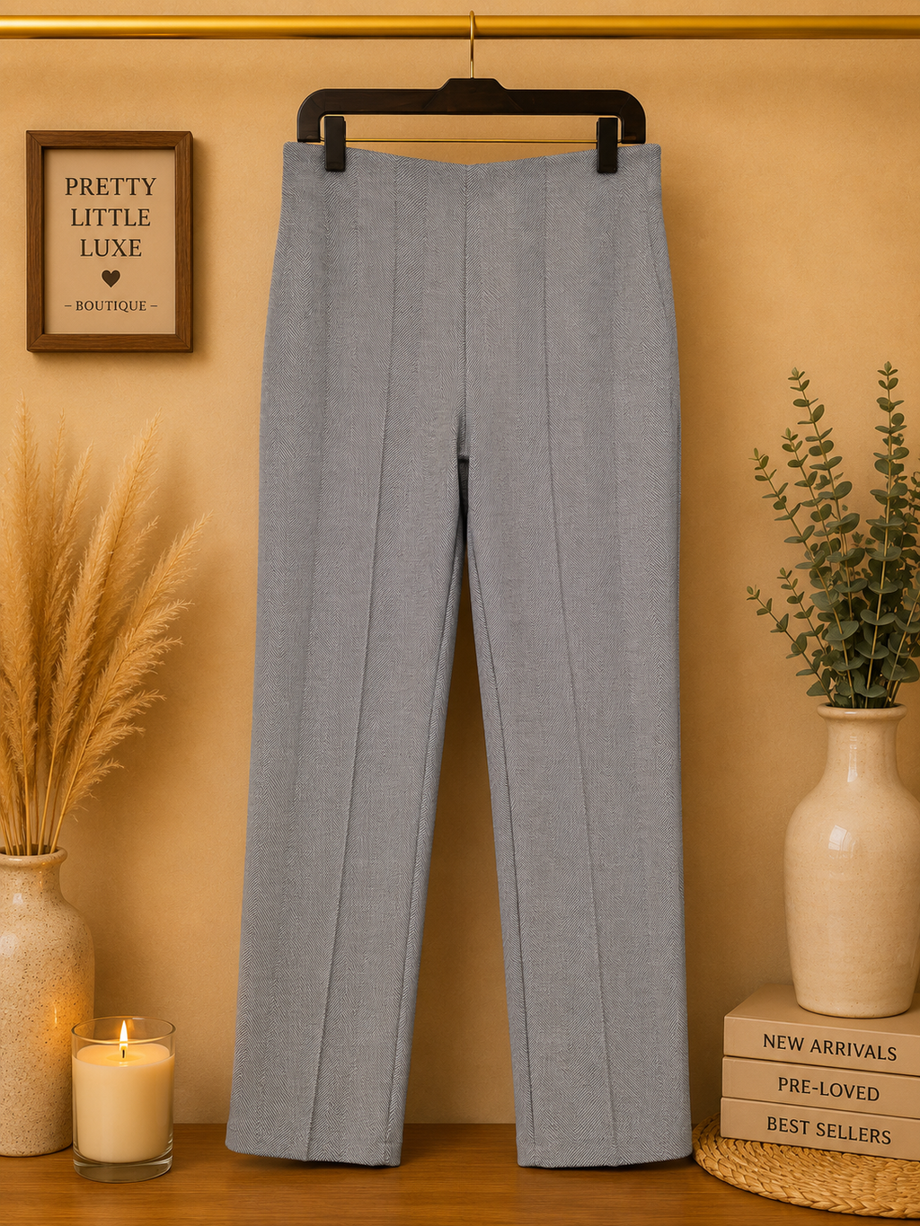 Tahari Tailored High-Rise Front-Seam Trousers - Grey Herringbone -Medium