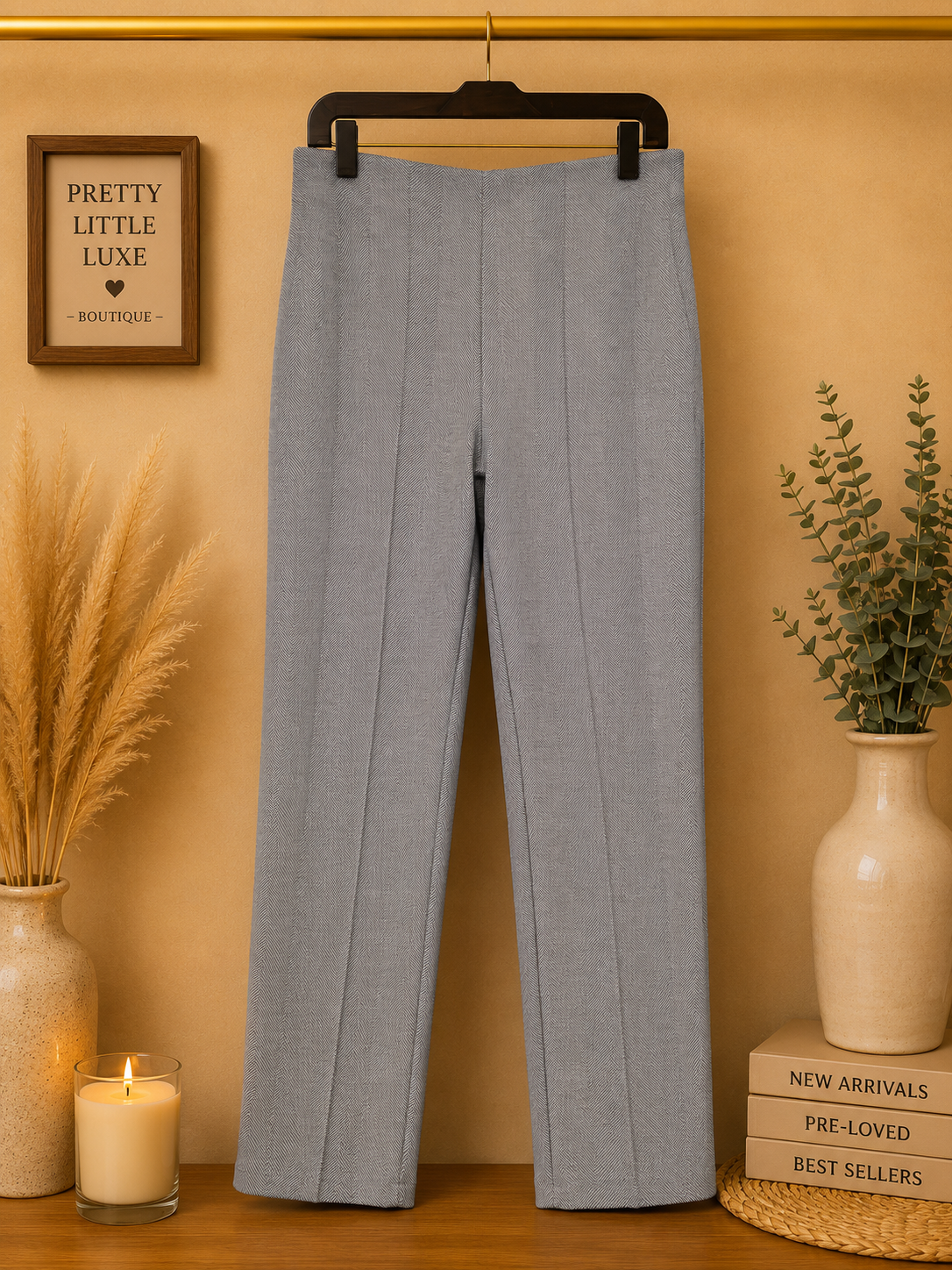 Tahari Tailored High-Rise Front-Seam Trousers - Grey Herringbone -Medium