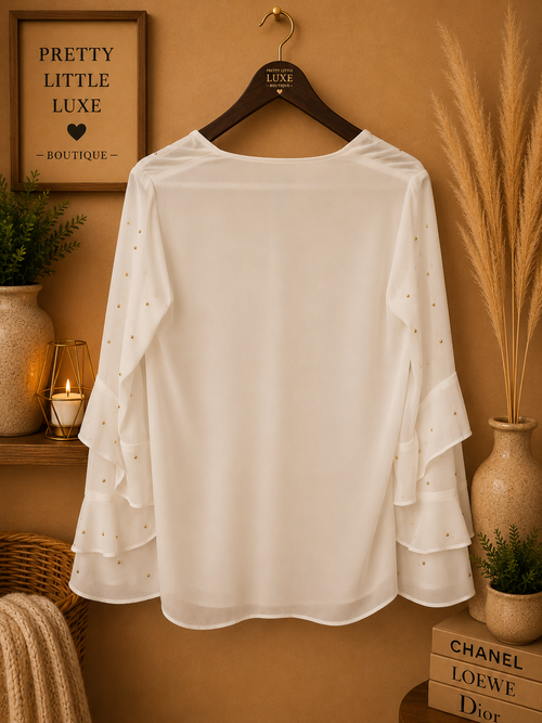 Alfani Embellished V-Neck Chiffon Tiered Ruffle Blouse - White / PS