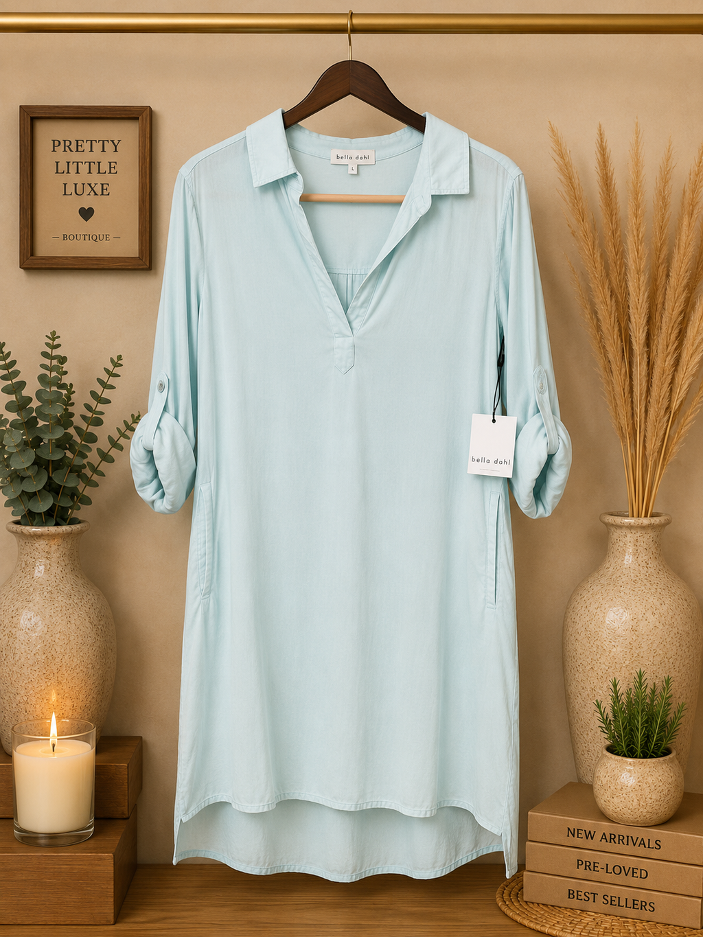 Bella Dahl NWT Tencel Rolled Tab Sleeve A-Line Shirt Dress  Ice Blue - Large