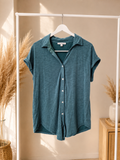 Green Envelope Teal Slub Knit Short Sleeve Button Up Top - Size Large