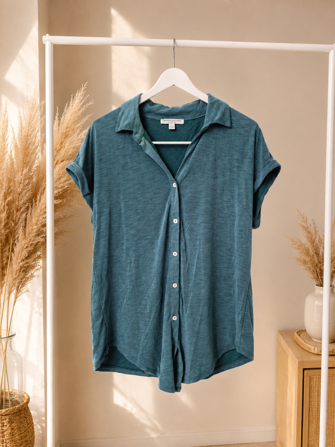 Green Envelope Teal Slub Knit Short Sleeve Button Up Top - Size Large