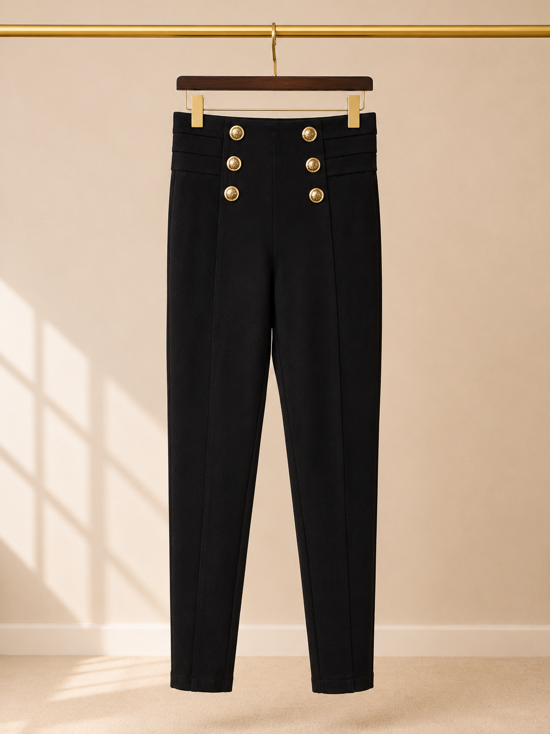 Zara High Rise Sailor Pants Black Skinny Leg Gold Embossed Buttons-Size XS