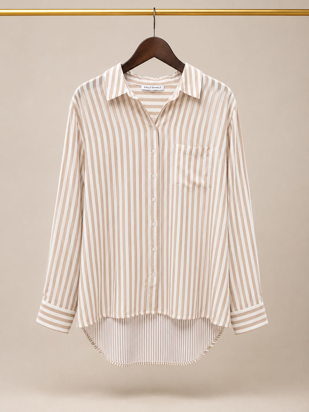 Emily Daniels 100% Rayon Mixed Stripe High-Low Tunic Button-Down Blouse - Tan (XL)