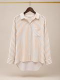Emily Daniels 100% Rayon Mixed Stripe High-Low Tunic Button-Down Blouse - Tan (XL)