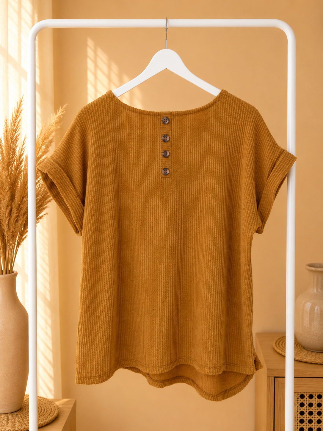 Set The Stage Mustard Yellow Ribbed Short Sleeve Top Size XL