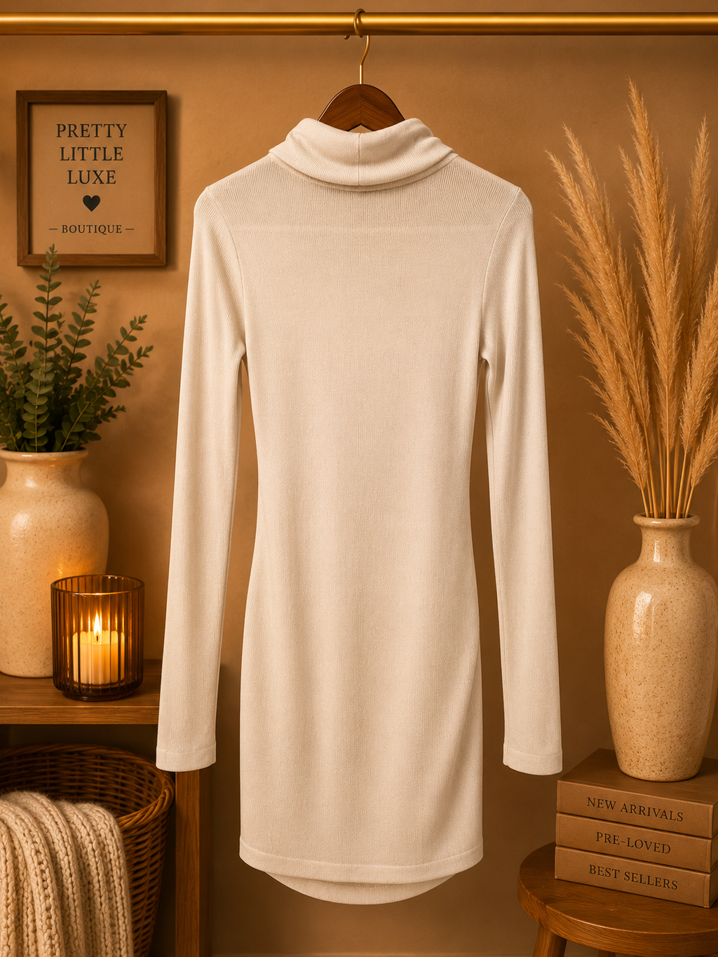 Venus Oatmeal Cream Ribbed Long Sleeve Ruched Mock Turtleneck Mini Dress XS