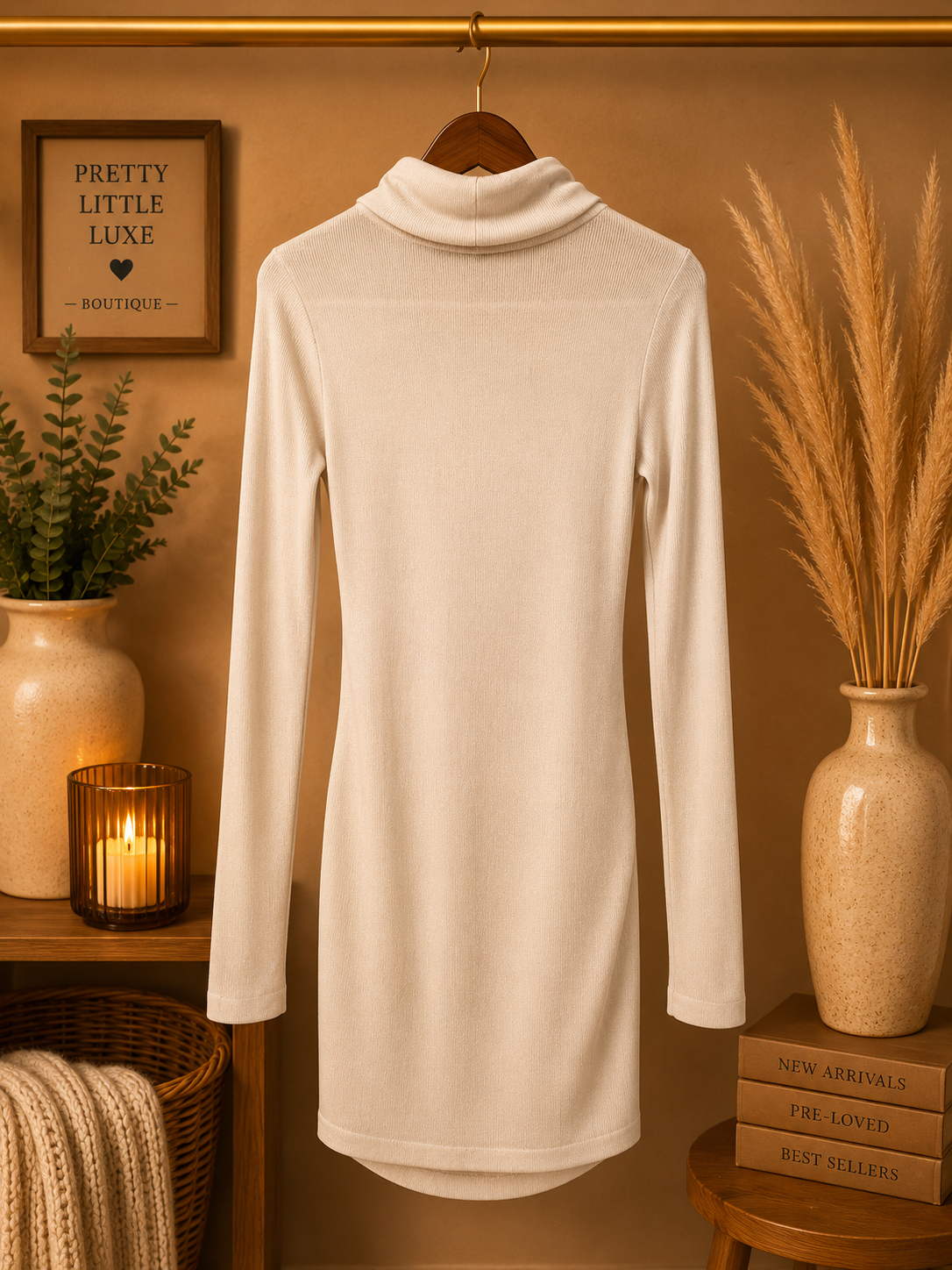 Venus Oatmeal Cream Ribbed Long Sleeve Ruched Mock Turtleneck Mini Dress XS