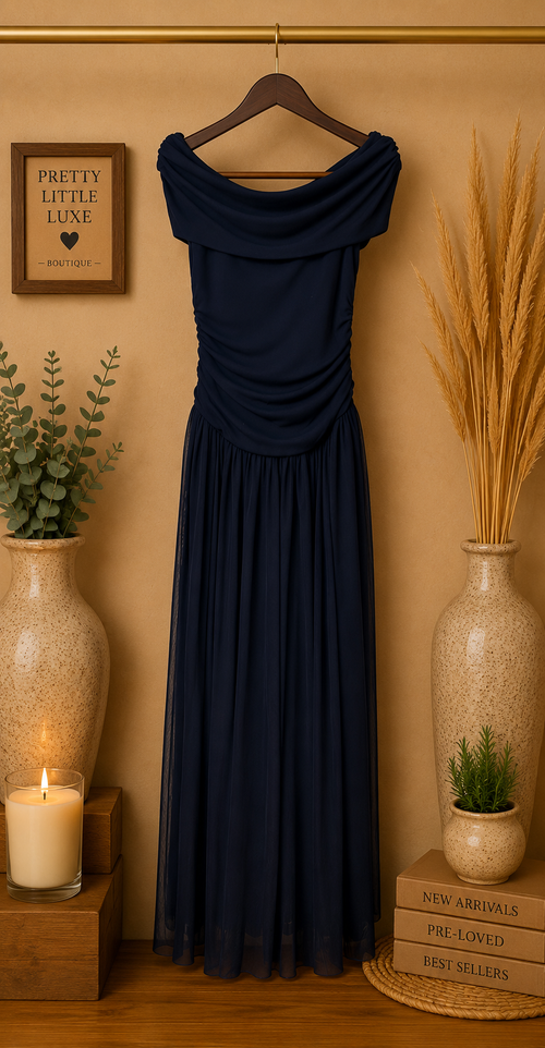 Betsy & Adam Off-The-Shoulder Ruched Mesh Maxi Gown  Midnight Navy - Size 6