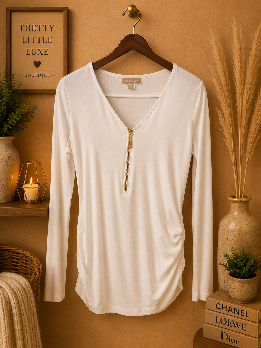 Michael Kors Gold Zip Medallion Long Sleeve Top - Size Medium