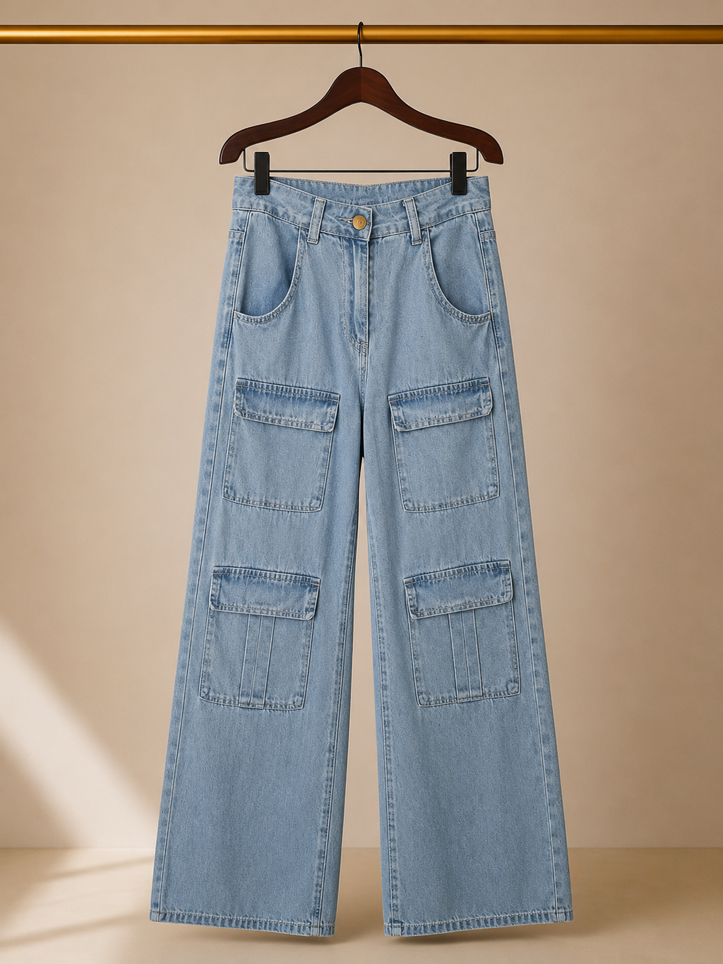 🔑 High-Rise Multi-Pocket Cargo Wide-Leg Utility Pants - Light Blue (XS)