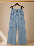 🔑 High-Rise Multi-Pocket Cargo Wide-Leg Utility Pants - Light Blue (XS)