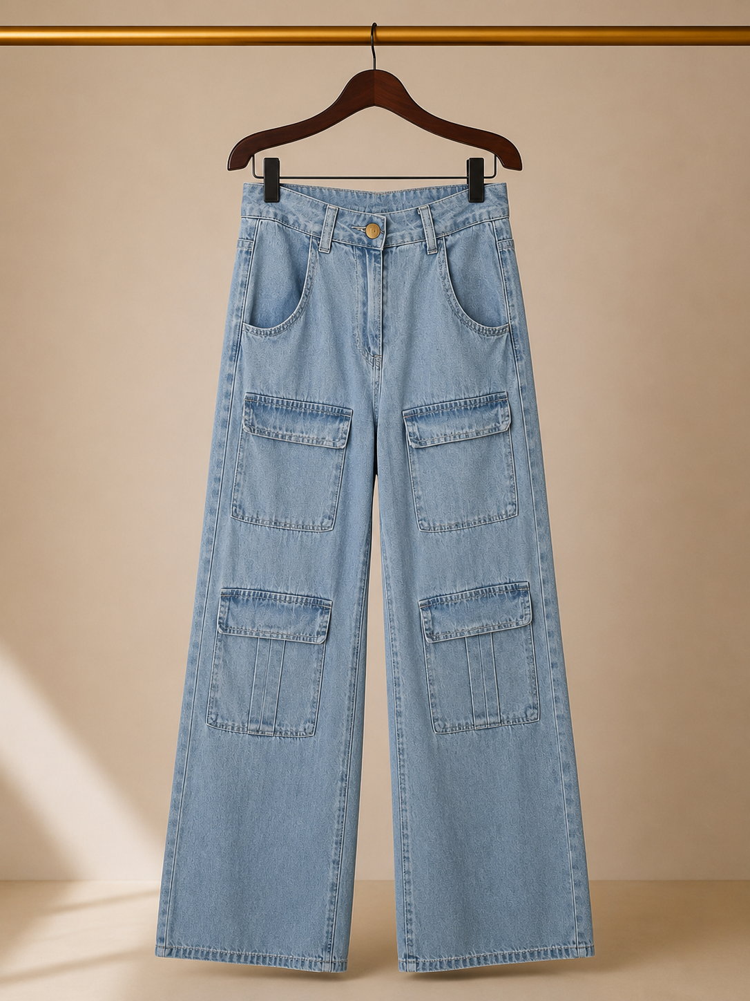 🔑 High-Rise Multi-Pocket Cargo Wide-Leg Utility Pants - Light Blue (XS)