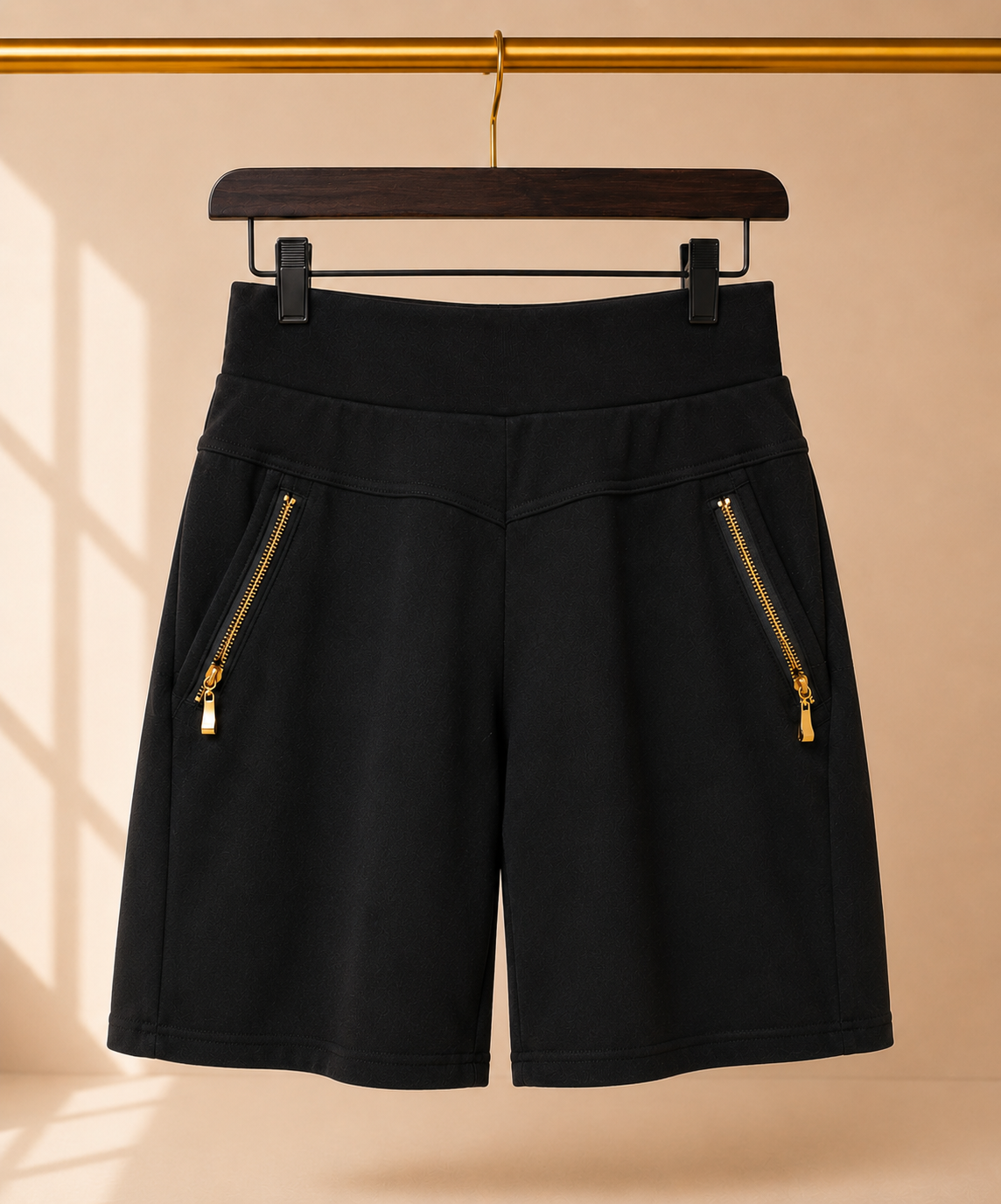 Fuego Moda High Rise Bermuda Shorts Gold Zipper Pockets Black- Large