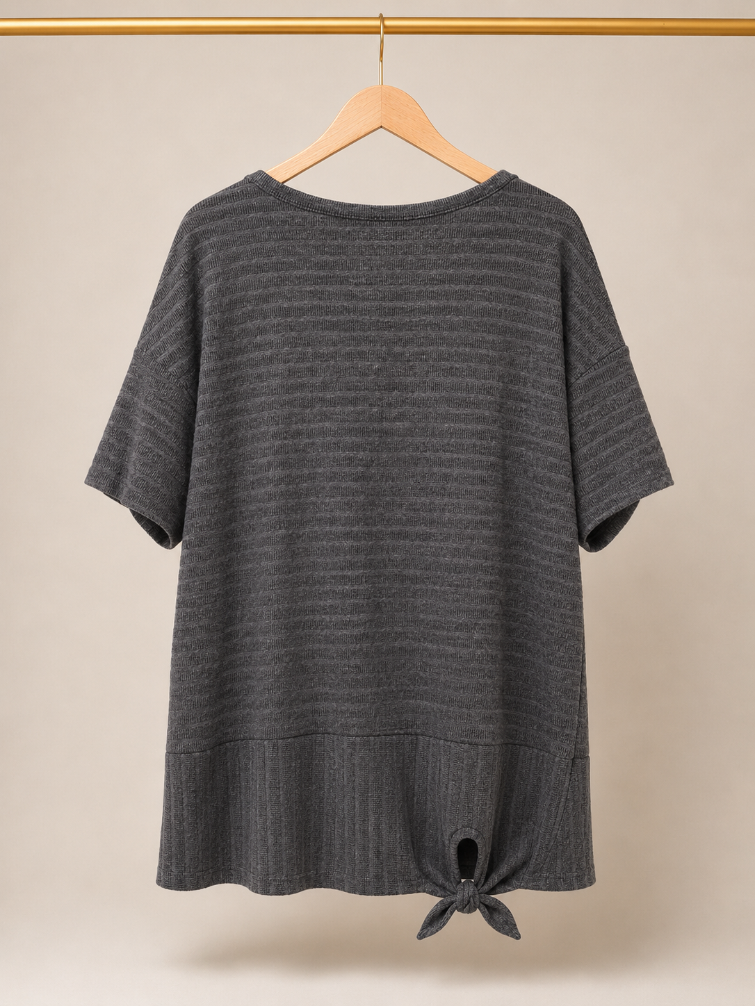 New York Laundry Charcoal Grey Ribbed Snap Shoulder Front Tie Top - Large