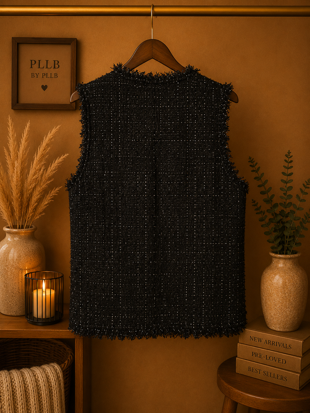 Pre-loved Hazel Tweed Fringe Utility Vest with Gold Lion Crest Buttons - Black - Size Large