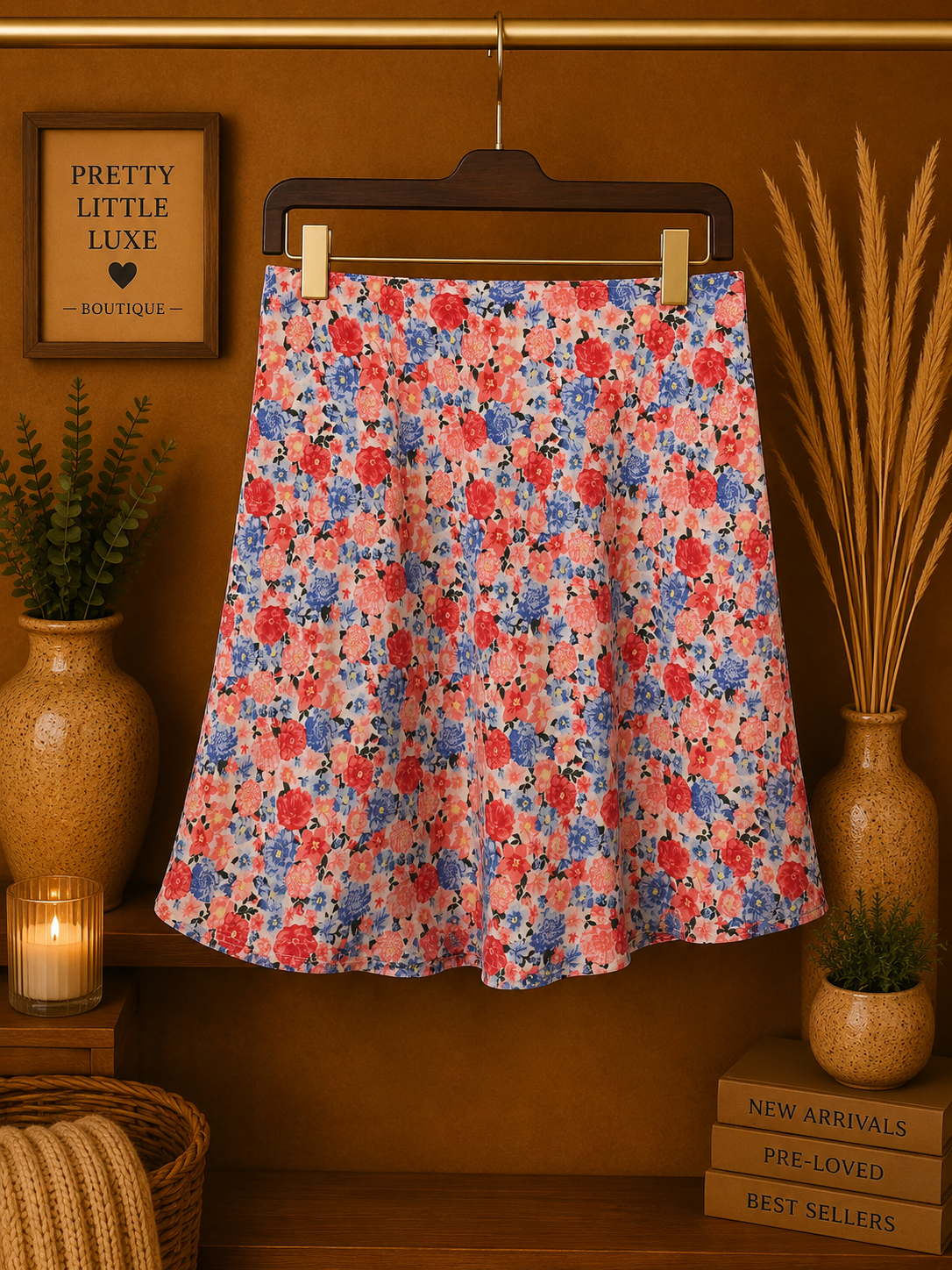 No Boundaries Floral Mid Rise A Line Skirt Red Blue Summer Mini Size Medium
