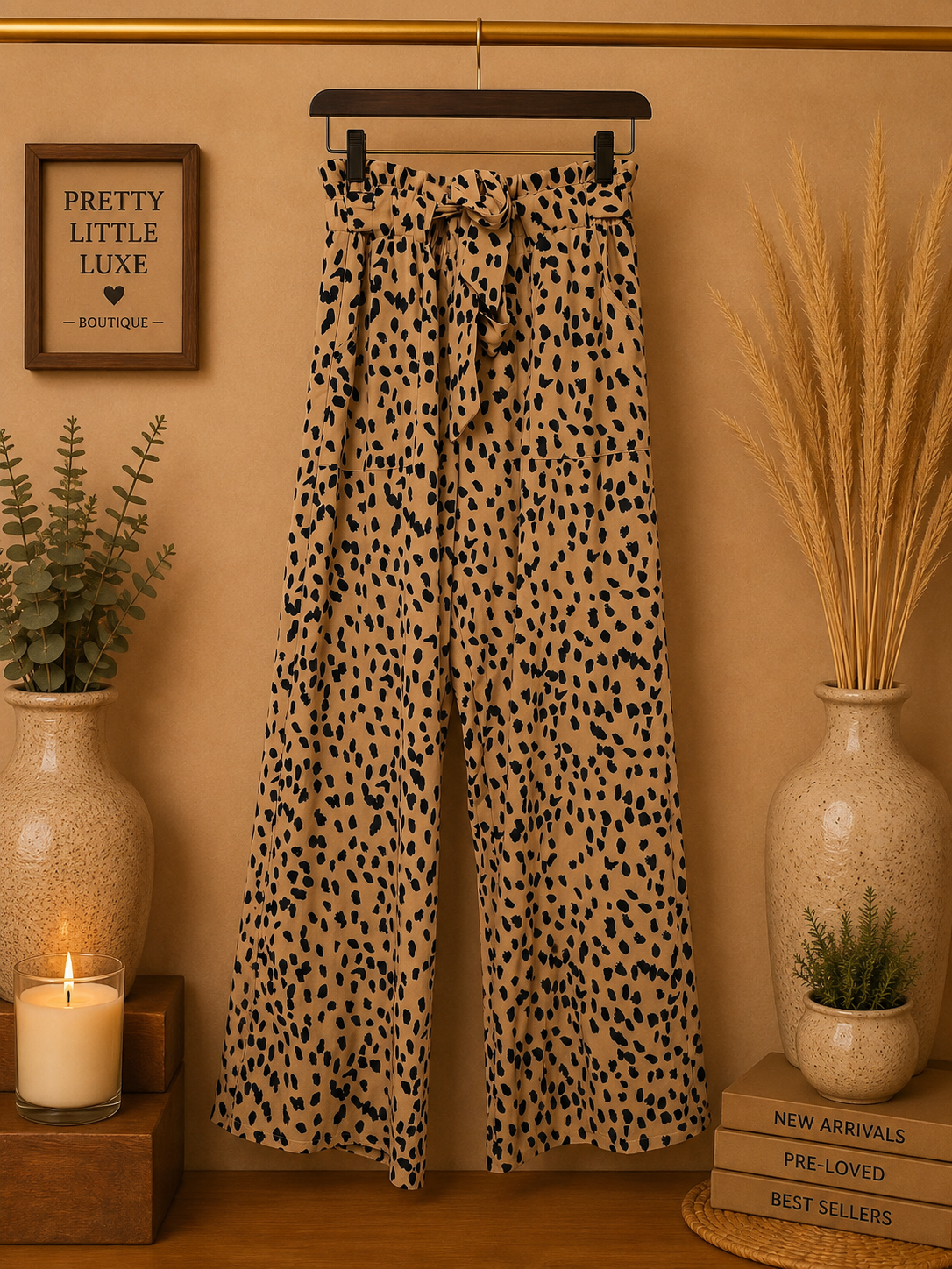 Wollence Paperbag Waist Wide Leg Palazzo Pants  Leopard Animal Print- Large